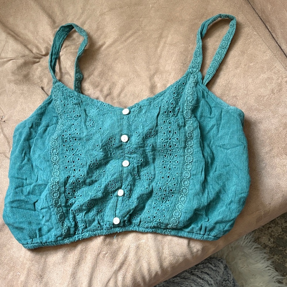 Teal Eyelet Linen-Blend Crop Tank Top